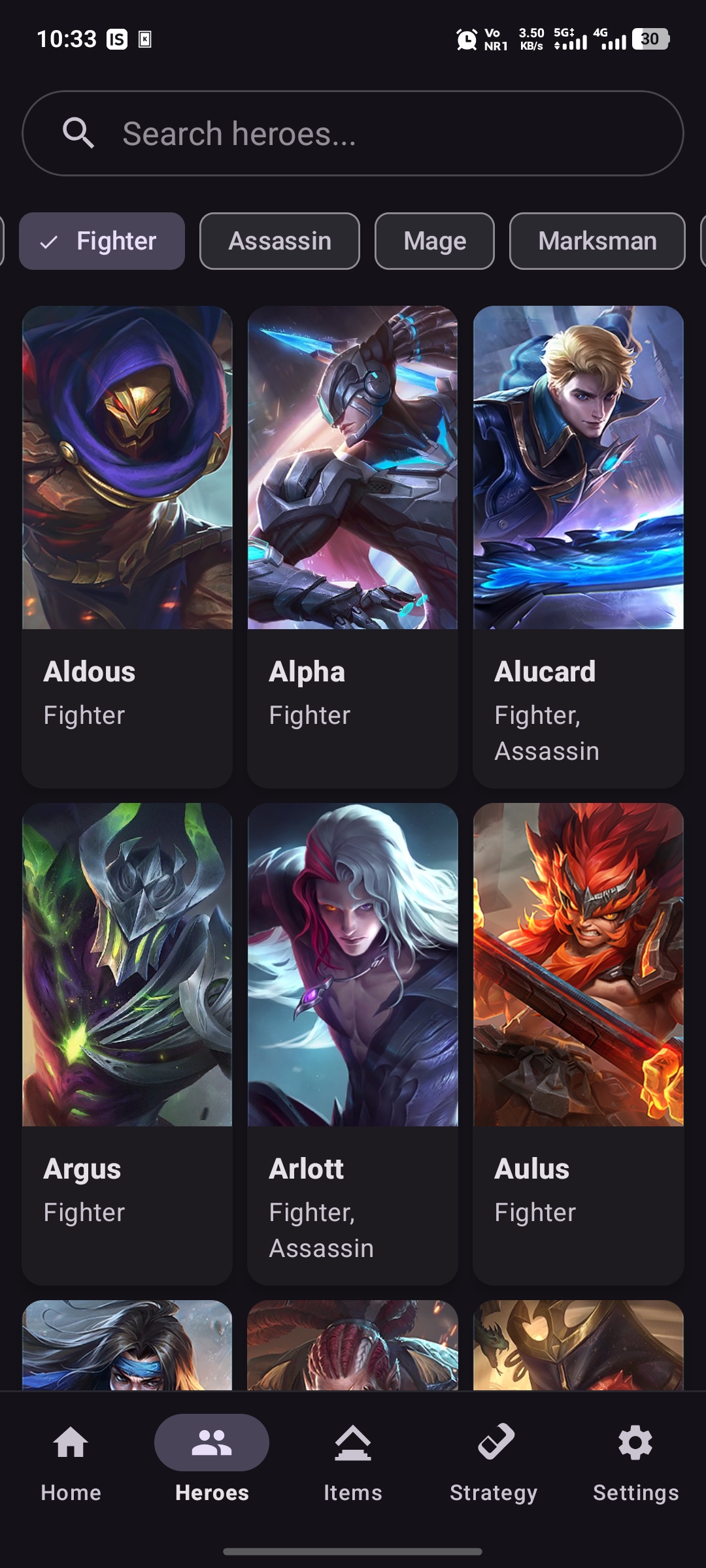 MLBB Guide hero database screen